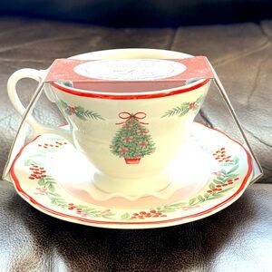 NWT - 222 Fifth Ceramic Christmas Cup and Saucer Set